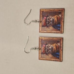 Square Cat Earrings – Vintage Painting Style with Floral Crown – Acrylic
